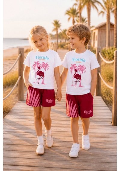 Eray Alp Kids Unisex Çocuk Beyaz Flamingo Baskılı Tişört Şort Takımı Yazlık Günlük Model