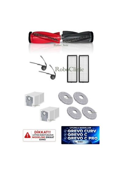 Roborock Qrevo Curv / Qrevo C / Qrevo C Pro Robot Süpürge Uyumlu Toz Torba, Fırça, Hepa Filtre, Mop Seti-12 Parça