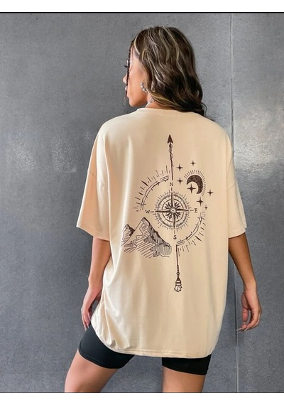 Pusula Baskılı Oversize Unisex Tişört Taş
