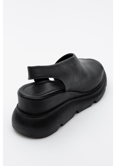 Luvishoes Agusto Siyah Cilt Hakiki Deri Kadın Dolgu Topuk Sandalet Siyah Deri