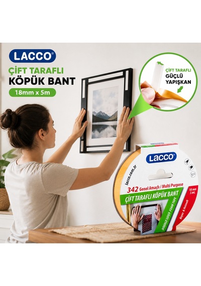 Lacco Çift Taraflı Köpük Bant 18 Mm X 5 M Güçlü Yapışkanlı Çok Amaçlı Montaj Bandı Beyaz 1 Adet