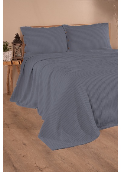 Tek Kişilik Saç Örgü Pike Seti Yatak Örtüsü Takımı 1 Adet Yastık Kılıfı 160 X 220 Cm Koyu-mavi
