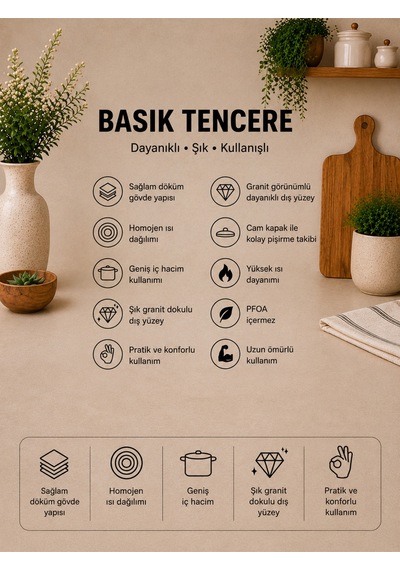 Valeria 22 cm Granit Basık Tencere Silikon Kenarlı Cam Kapak - Cappucino Yapışmaz