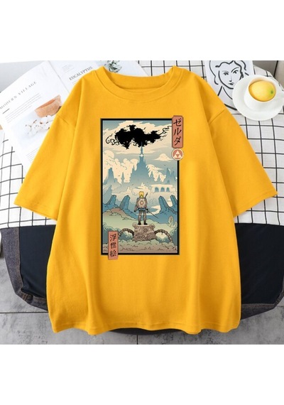 Flood Of Style Sarı Erkek Anime Savaççı Baskılı Oversize Bisiklet Yaka Tshirt