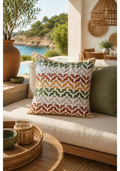 Fuly Consept Rhythmweave Canyon Yeşil Hardal Kiremit Dokulu Görünümlü Bohem Zigzag Kırlent Kılıfı Çok Renkli