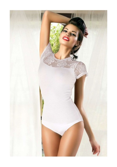 Miorre 192 Kadın Kısa Kollu Yarım Dantel Çıtçıtlı Body Beyaz