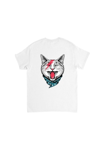 Paybuy Erkek Baskılı Tişört Kedi Motifi Şimşek Çakması Bandana Detaylı R Beyaz