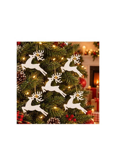 5'li Zilli Geyik Yılbaşı Çam Ağacı Süsü Noel Figürleri - Lüks Simli Eva Kağıdı 10x10 Cm Beyaz