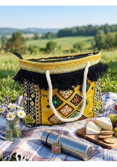 Etnik Desenli Kilim Omuz Ve Plaj Çantası 50x30 Cm Açık Sarı