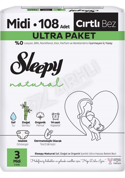 2 Adet Sleepy Natural Ultra Bebek Bezi Midi 108'li
