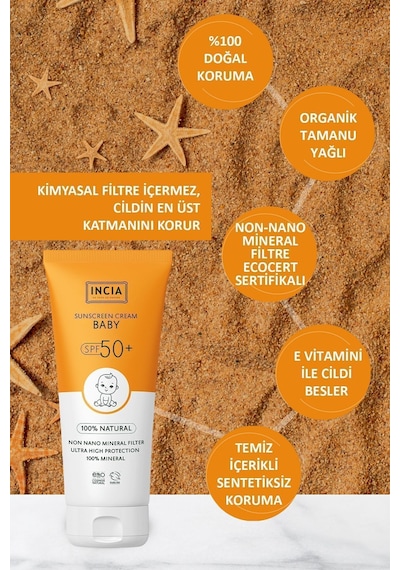 INCIA %100 Doğal Bebek Güneş Kremi Leke Karşıtı Mineral Filtreli Yüksek Koruma SPF 50+ UVA UVB 50 ML