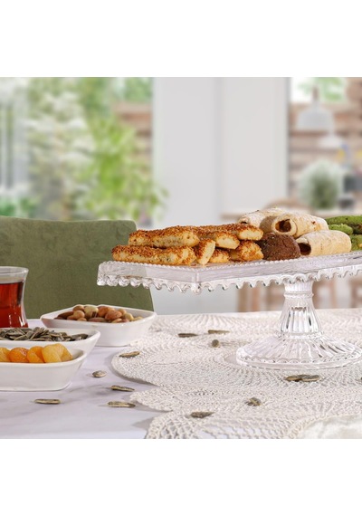 Linea Model Cam Ayaklı Kare Ve Dikdörtgen 2'li Kek Ve Pasta Sunumluk, Şeffaf Çok renkli