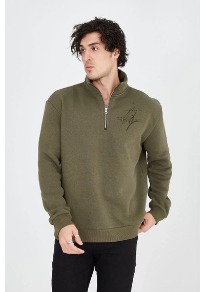Erkek Yarım Fermuarlı Baskılı 3 İplik Pamuklu Sweatshirt - Yeşil YESIL