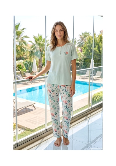 Remsa Kadın Kısa Kol Çiçek Desen Viskon Pijama Takımı 3360 Mint