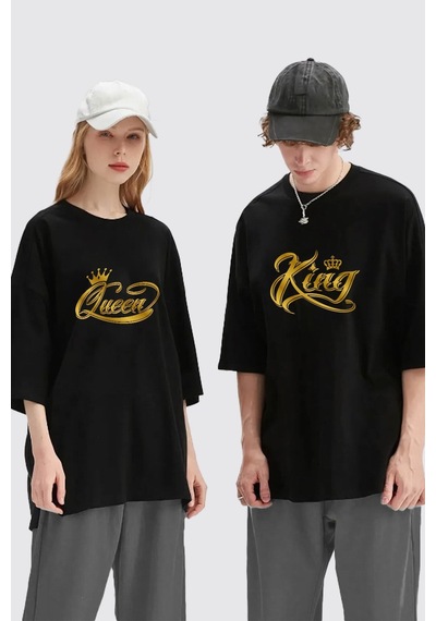 Unisex Kadın Erkek King Queen Baskılı Sevgili Çift Kombini Tasarım Oversize T-shirt 2'li Set Siyah Mck1950 Siyah