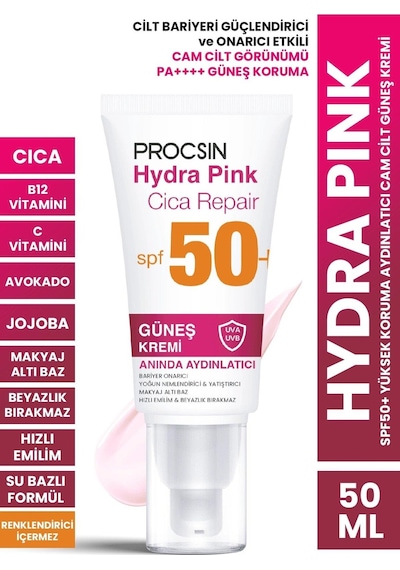 Procsin Hydra Pink Bariyer Güçlendirici Cam Cilt Renkli Güneş Kremi SPF50+ Pa++++ 50 ML