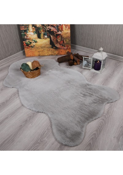 Tavşan Tüyü Dekoratif Ultra Yumuşak Post Peluş Kaymaz Halı Gri