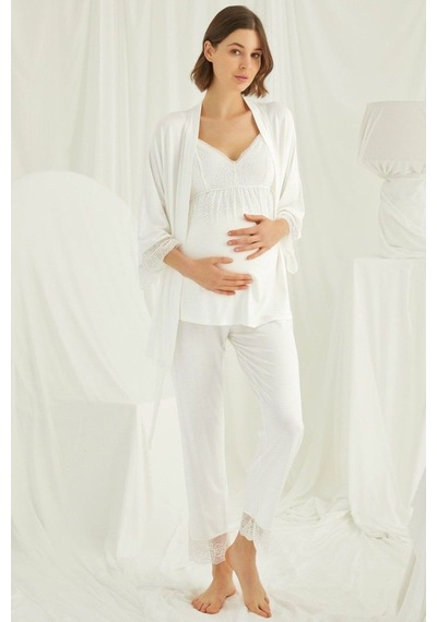 Burdagel Monamise Kadın Ekru Hamile Lohusa Sabahlıklı Pijama Takım 18433