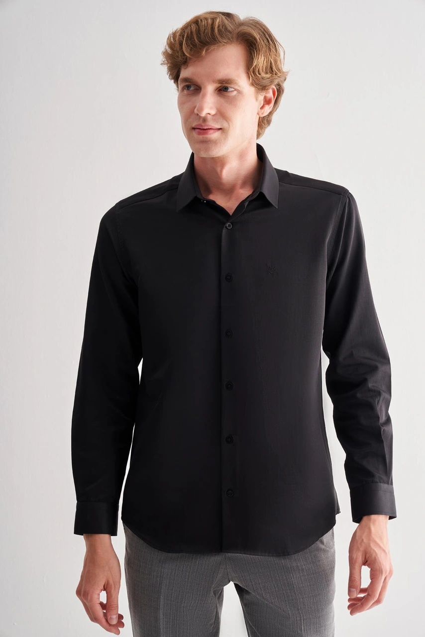 İmza Siyah Sert Yaka Uzun Kol Slim Fit Pamuklu Gömlek 1004255175 Siyah