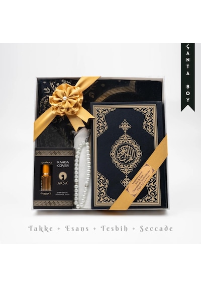 Takke + Esans + Tesbih + Seccade + Kuran Hediye Seti Çanta Boy, Siyah