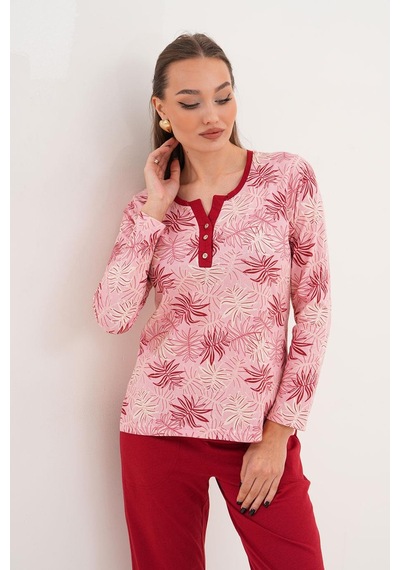 Çift Kaplan Kadın Pamuk Palmiye Desenli Açık Patlı Bordo Pijama Takımı 7026 Bordo
