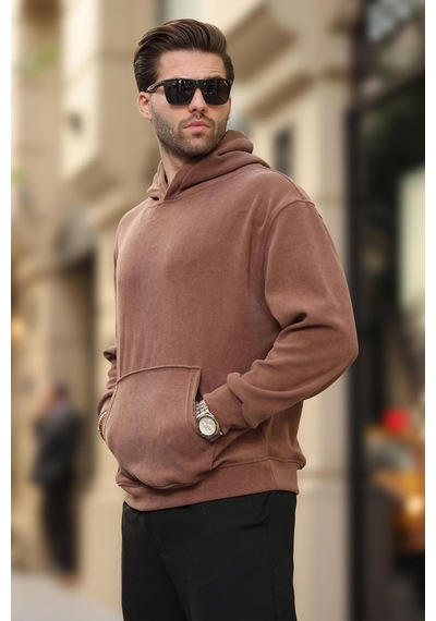 Madmext Kahverengi Kapüşonlu Cep Detaylı Dokulu Sweatshirt E7101 Kahverengi