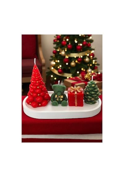 Yılbaşı Chrismas Noel Dekoratif Mum Seti 5 Li Çam Ağacı, Ayıcık, Hediye Kutusu, Kozalak,sunum Tabağ