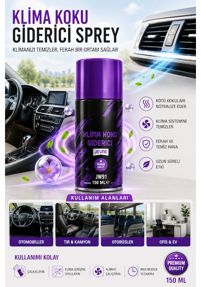 Klima Koku Giderici Bombası 150 Ml - Araç İçi Koku Giderici, Klima Temizleyici, Kalıcı Ferahlık Jeune Mor Koku