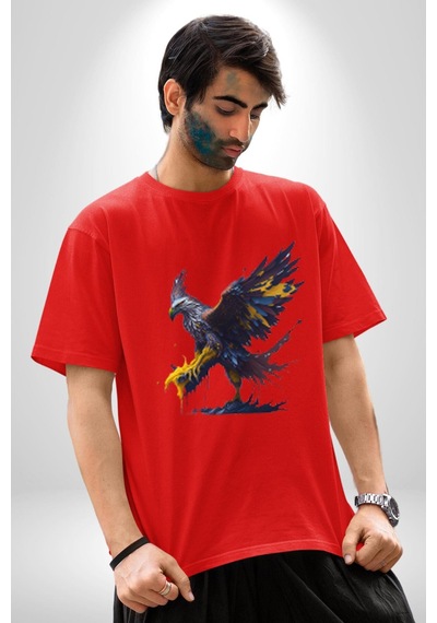 Kara Kartal Sulu Boya Pamuklu Bisiklet Yaka Unisex Oversize Boyfriend Dijital Baskılı Kırmızı T-shirt Kırmızı