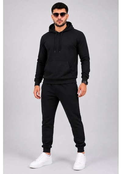Barlashive Erkek İki İplik Kapüşonlu Kanguru Cepli Sweatshirt Jogger Pantolon Alt Üst Eşofman Takımı -siyah Çok Renkli