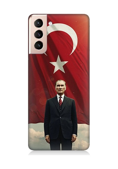 Samsung Galaxy S21 Uyumlu Bayrak Önünde Güçlü Atatürk Desenli Silikon Kılıf Çok Renkli