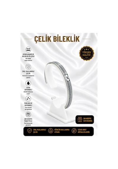 Çelik Bileklik Parlak Ve Paslanmaz Çelik Her Bileğe Uygun Ayarlanabilir En Çok Trend Olan Simgeli Bileklik Gümüş7