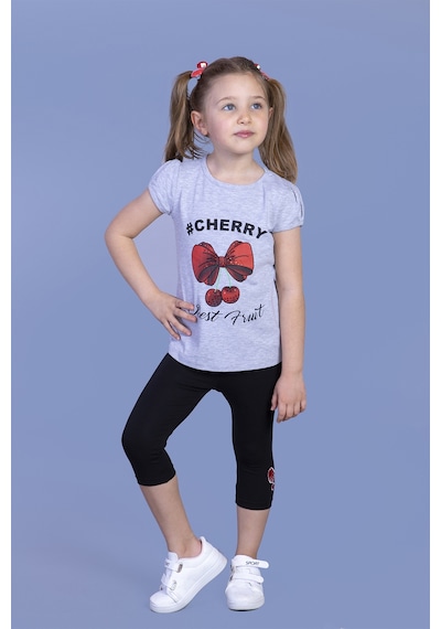 Toontoy Kids Toontoy Kız Çocuk Vişne Baskılı Taytlı Takım Gri Melanj