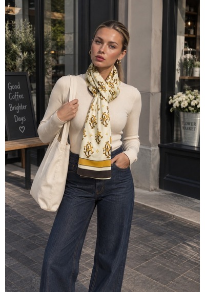 Tarzını Seç Ekru Gold Klasik Monogram Desenli Yumoş Polar Kışlık Şal Atkı 70 X 180 Cm