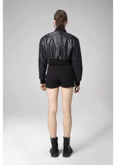 Lacivert Dericlub Wm036 Ribanalı Gerçek Deri Crop Mont