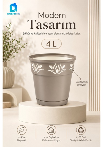 4 Litre Dekoratif Alt Tabaklı Plastik Saksı 20x20x20 Cm Çiçek Motifli Karışık Renk