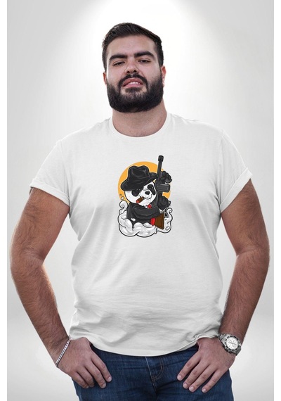 Angemiel Gangster Panda Beyaz Büyük Beden Kadın Erkek Ünisex Basic Ön Baskılı Tişört Beyaz