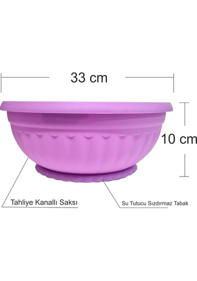 Büyük Geniş Mor Lila 33 Cm Çapında Yuvarlak 10 Cm Derin Tahliye Delikli Tabaklı Salon Balkon Aranjman Saksısı İç Dış Mekan