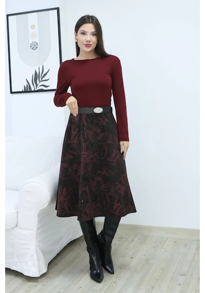 Lodmela Baskılı Ve Kemerli Kadife Etek 6069-kahve/fuşya Kahve/fuşya