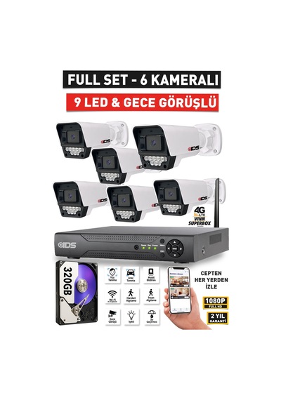 6 Kameralı 5mp Lensli Fullhd 1080p Gece Görüşlü Güvenlik Kamerası Seti 9 Led - 320gb