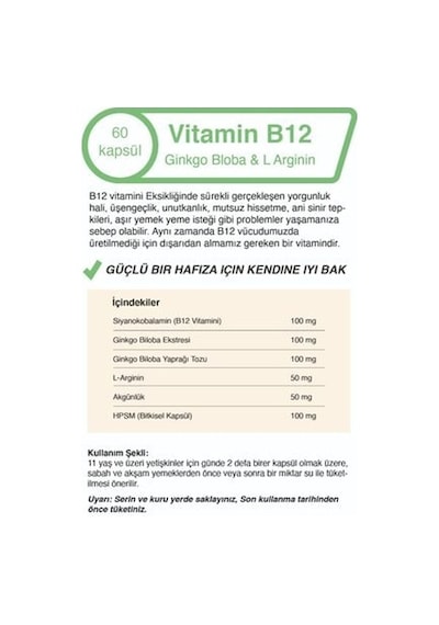 Mindivan Vitamin B12 &Ginkgo Bloba Eki & L Arginin