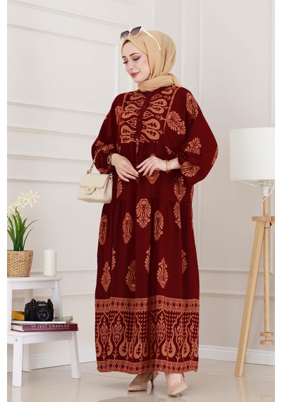 Sevitli Yarım Düğmeli Robalı Amine Elbise-bordo-4942