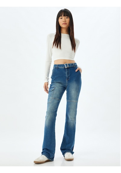 Koton İspanyol Paça Kot Pantolon Slim Fit Kargo Cepli Düğmeli Pamuklu - Flare Jeans Orta İndigo 5wal40098md İndigo