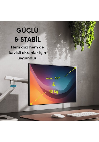 Özel Tasarım Tekli Monitör Kolu Max 35" 10kg Taşıma Kapasiteli Mekanik Yaylı Hızlı Tak-çıkar Vidasız Montaj