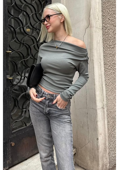 Seeh Haki Kadın Off Shoulder Uzun Kollu Bluz Sh327