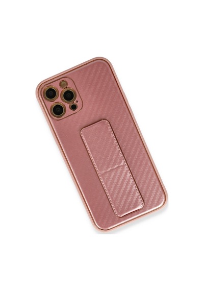 Newface Apple Uyumlu iPhone 12 Pro Kılıf Coco Karbon Standlı Kapak - Pembe Pembe