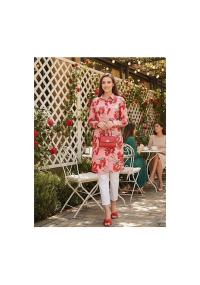 Polologin Butik Çiçek Desenli Uzun Gömlek Tunik - Pembe/kırmızı Pembe