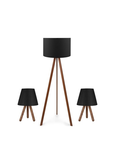 Pratik Tripod Lambader Ve İki Adet Ahşap Üç Ayaklı Abajur Ceyiz Seti Siyah Kumaş