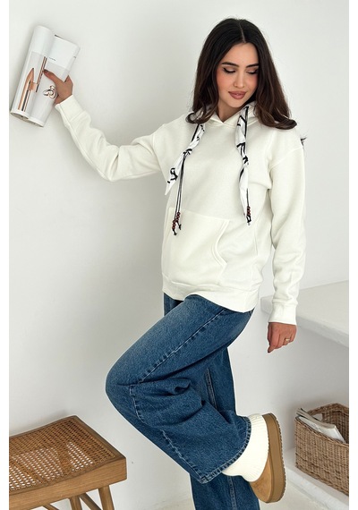 Noa & Noa Kadın Fular Detaylı Kapüşonlu Sweatshirt Casual Charm Beyaz