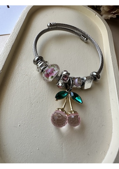 Pembe Kirazlı Gümüş Renk Çelik Charm Bileklik Çok Renkli
